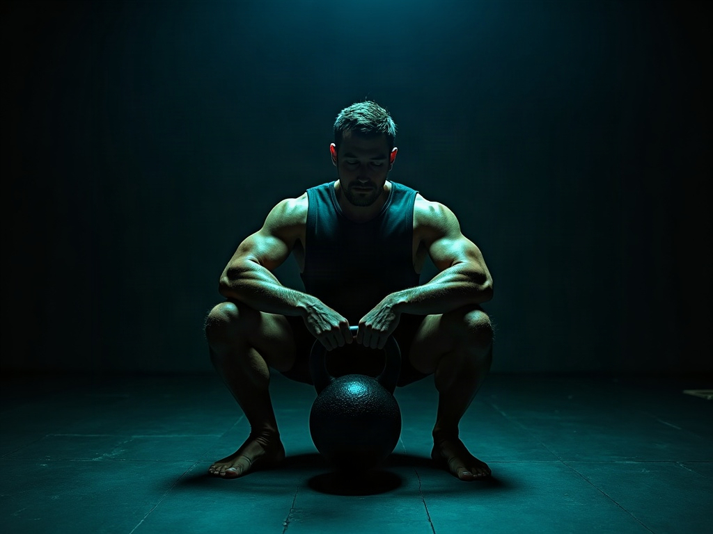 Lifter in a loaded goblet squat holding a kettlebell to open the hips and ankles
