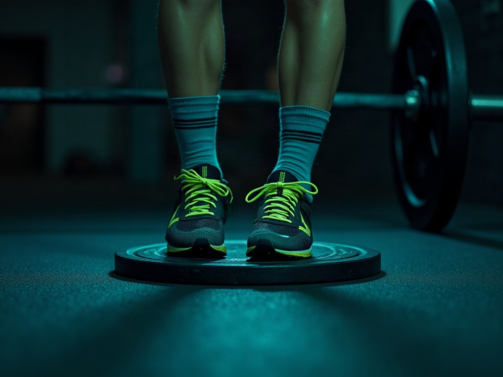 Raised-heel lifting shoes beside a plate used as a heel wedge