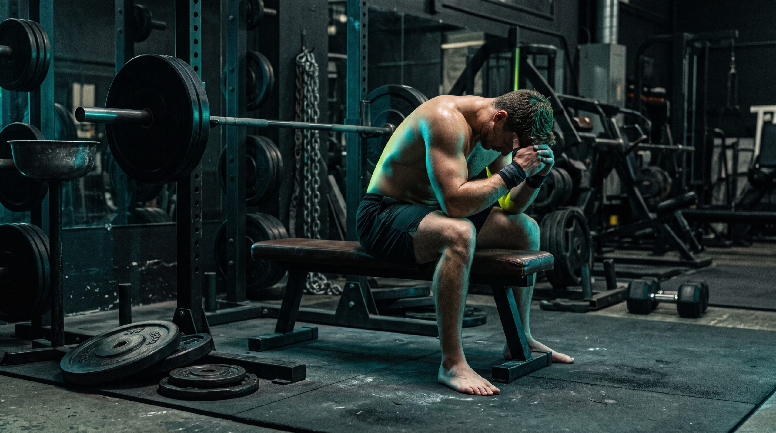 A lifter sitting on a bench, hesitating before starting a workout in a dark gym