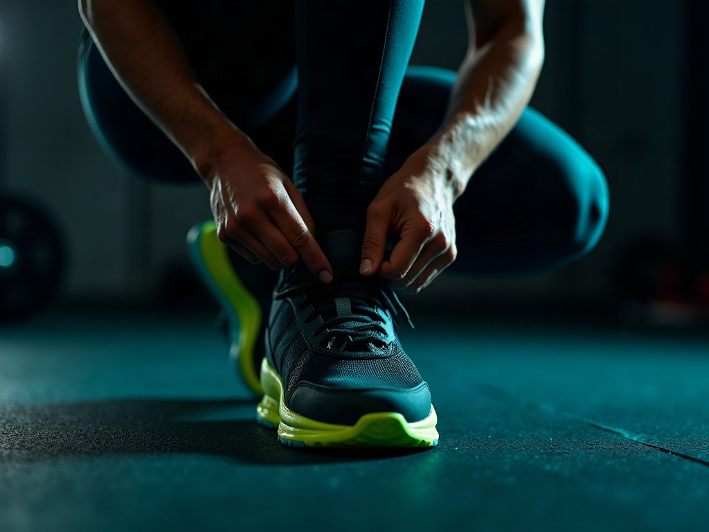 Close-up of hands lacing up a training shoe in a dark gym