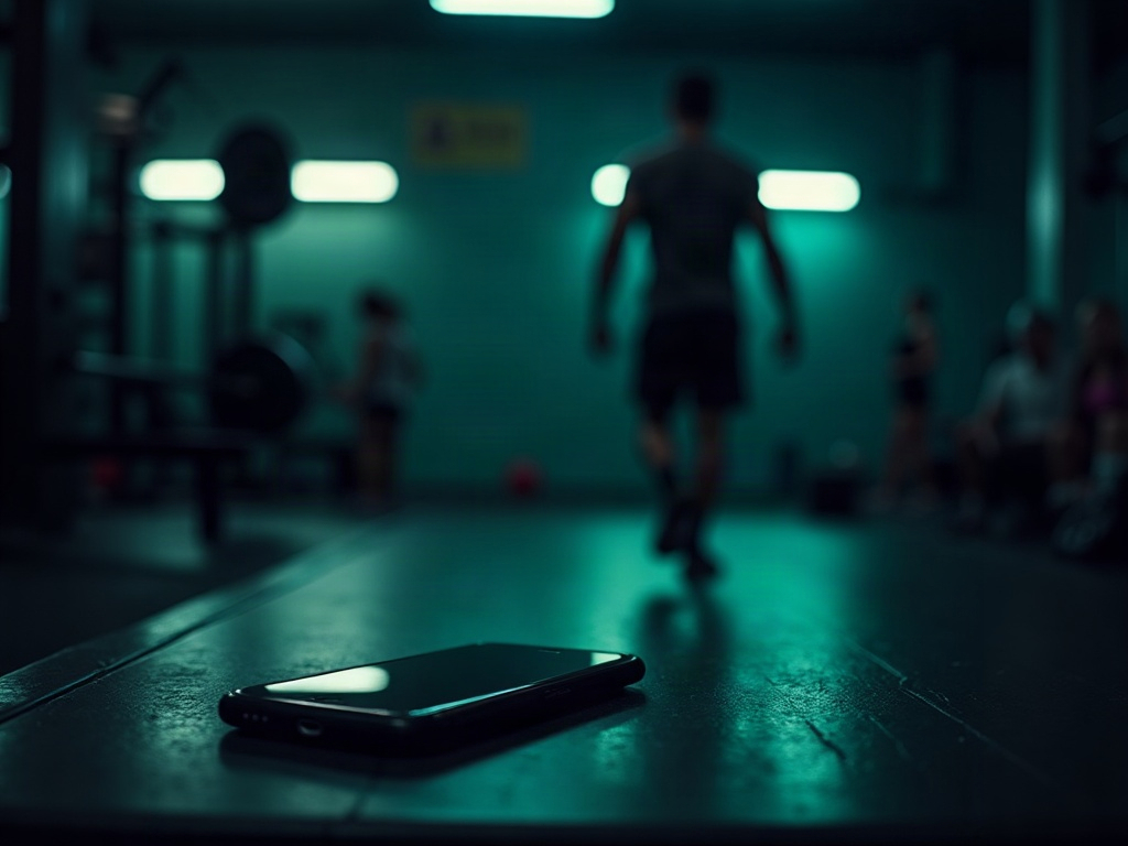 A phone lying face-down on a bench as a lifter walks toward the weights