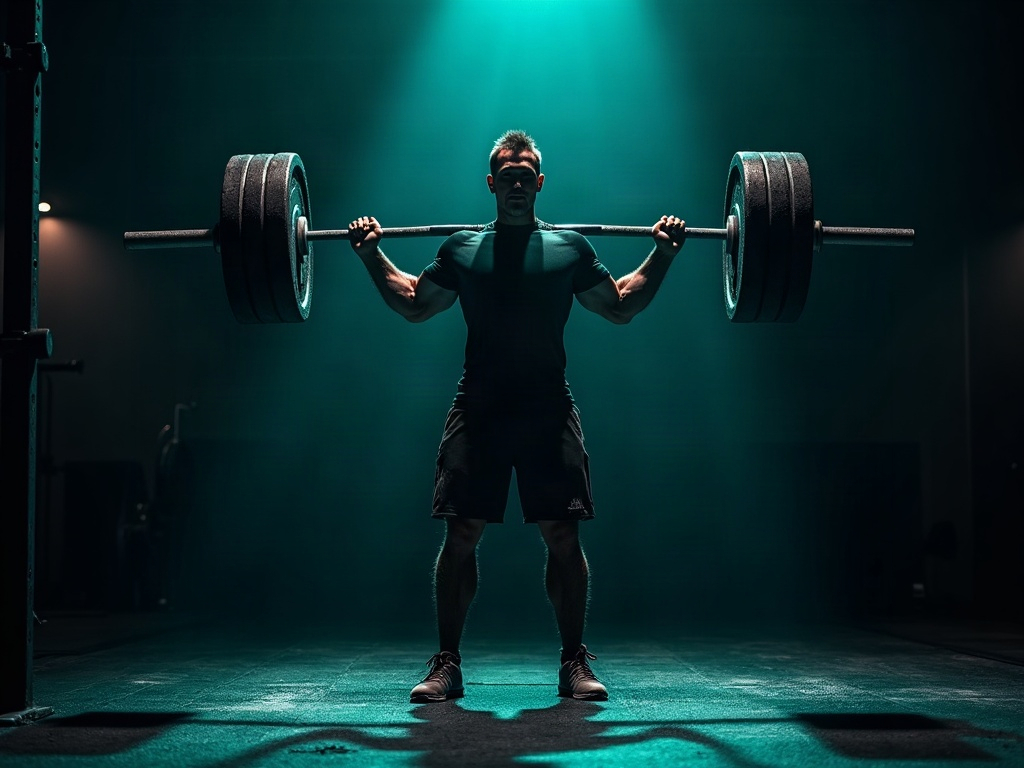 A lifter mid-set under a loaded barbell, locked in and strong