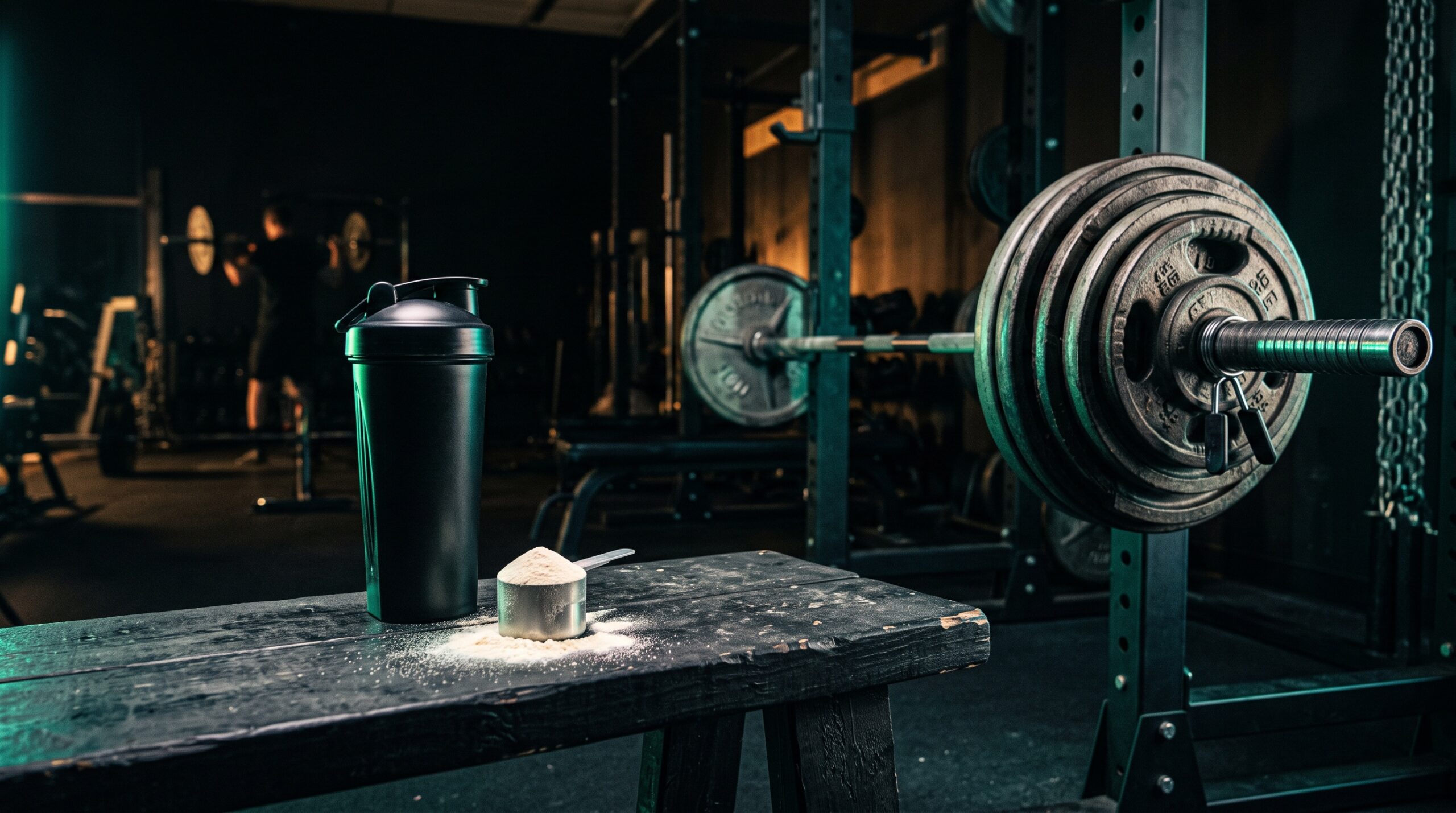 A scoop of collagen powder and a shaker beside a loaded barbell in a dark gym
