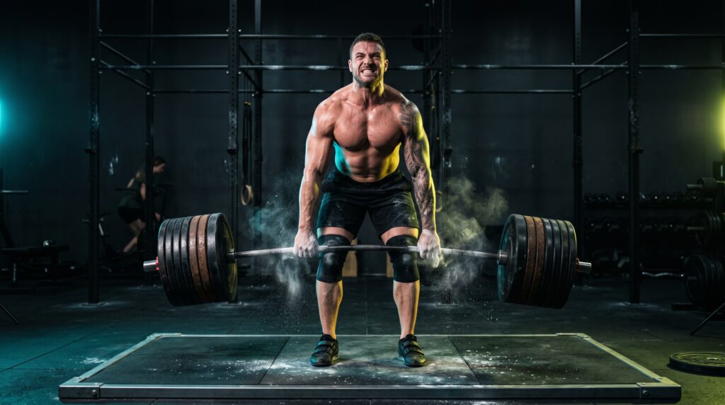 Lifter locked out at the top of a heavy barbell deadlift under teal and lime lighting