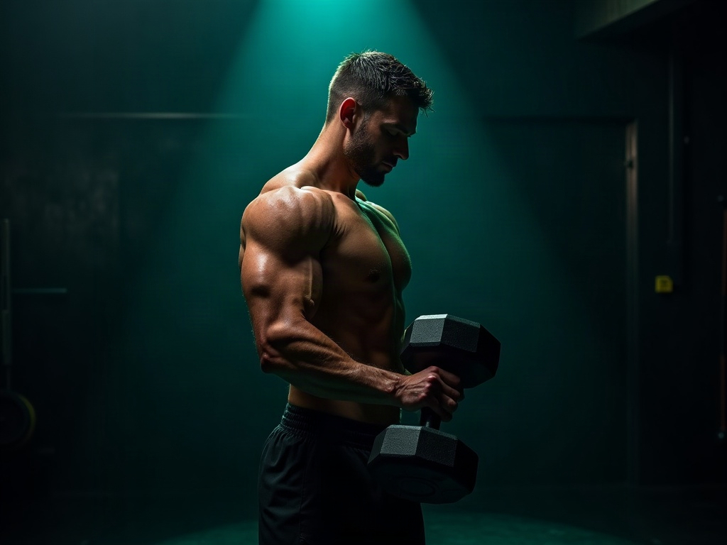 A lean athlete training hard mid-set in a dark gym
