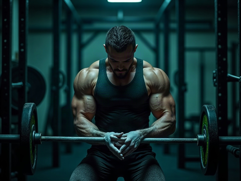 A composed lifter setting up at the bar, calm and self-assured