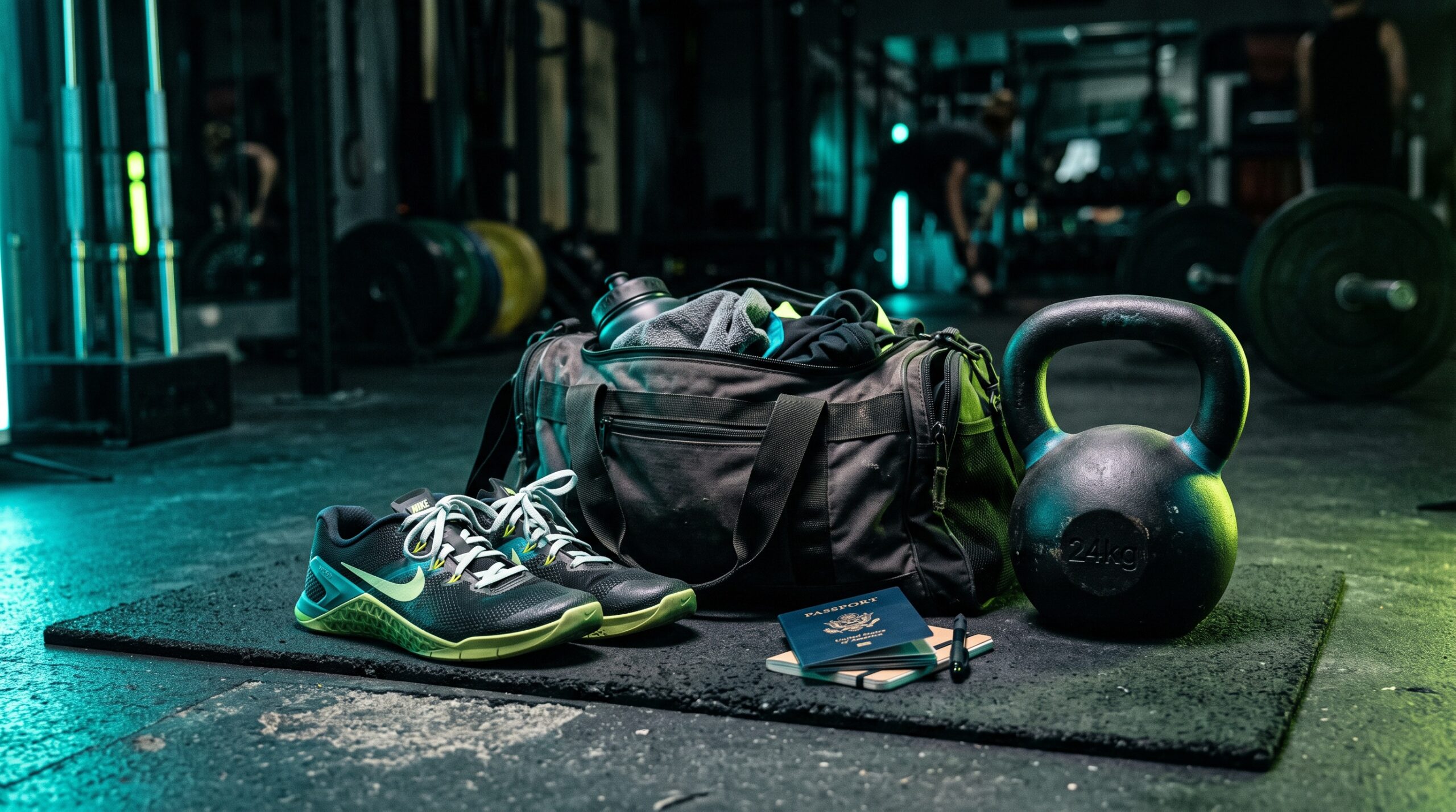 A gym bag with a passport and training shoes beside a single kettlebell