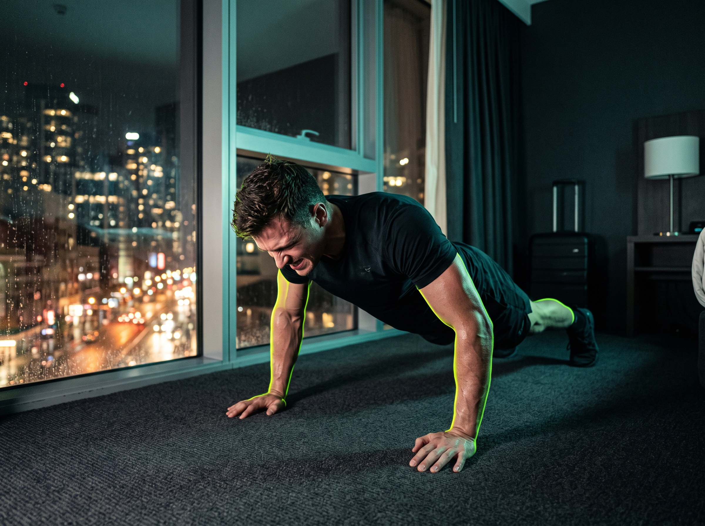 A lifter doing a hard set of push-ups on a hotel room floor by a window