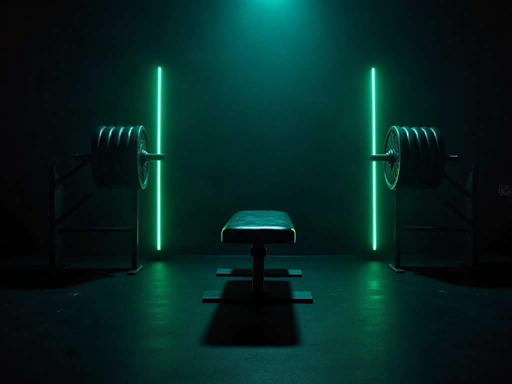 A lifter training with a single pair of dumbbells in a sparse hotel gym