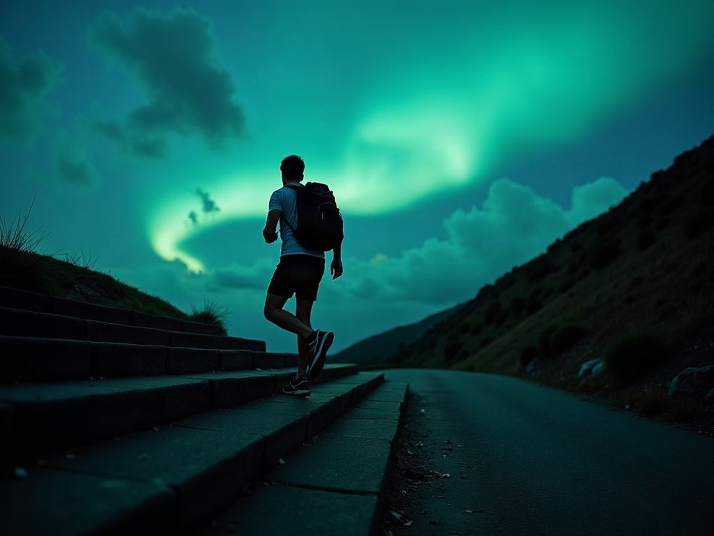 A lifter walking briskly up a hill with a backpack while traveling at dusk