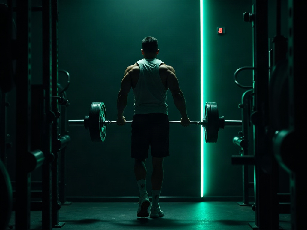 A lifter returning to a well-equipped gym after a trip, gripping a loaded barbell