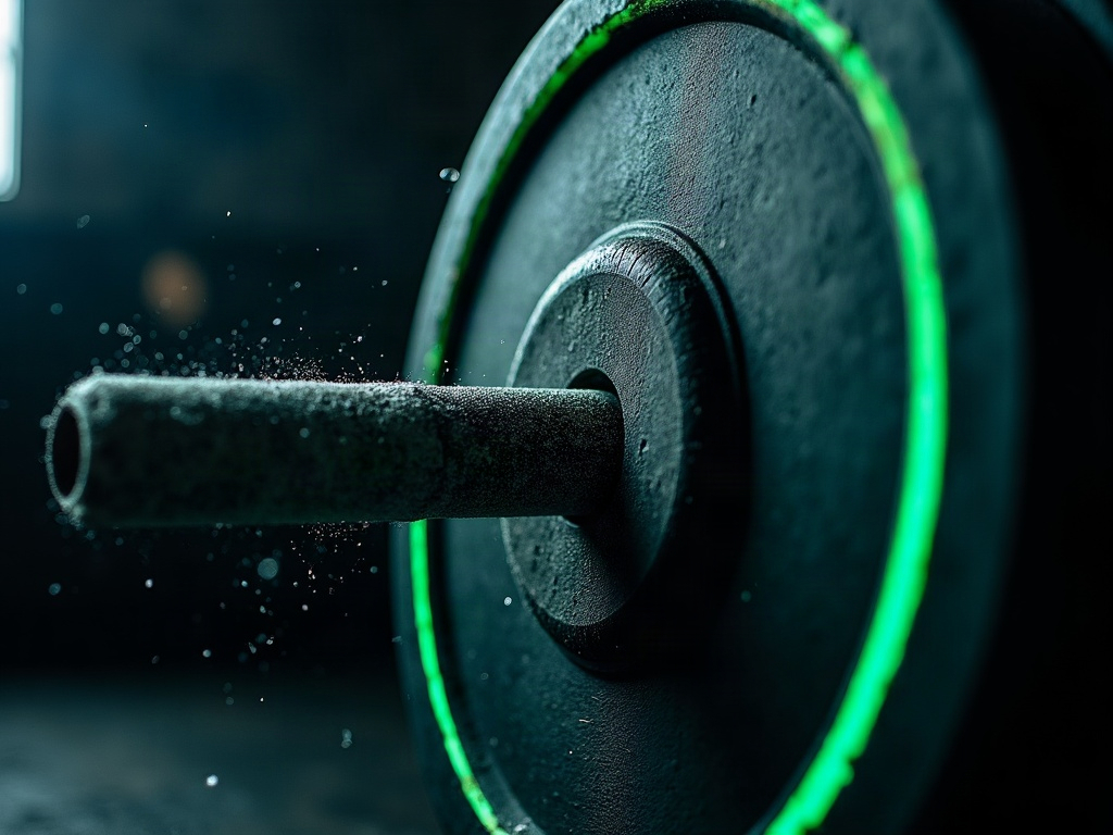 Close-up of a loaded barbell with chalk dust lit by teal and lime rim lighting
