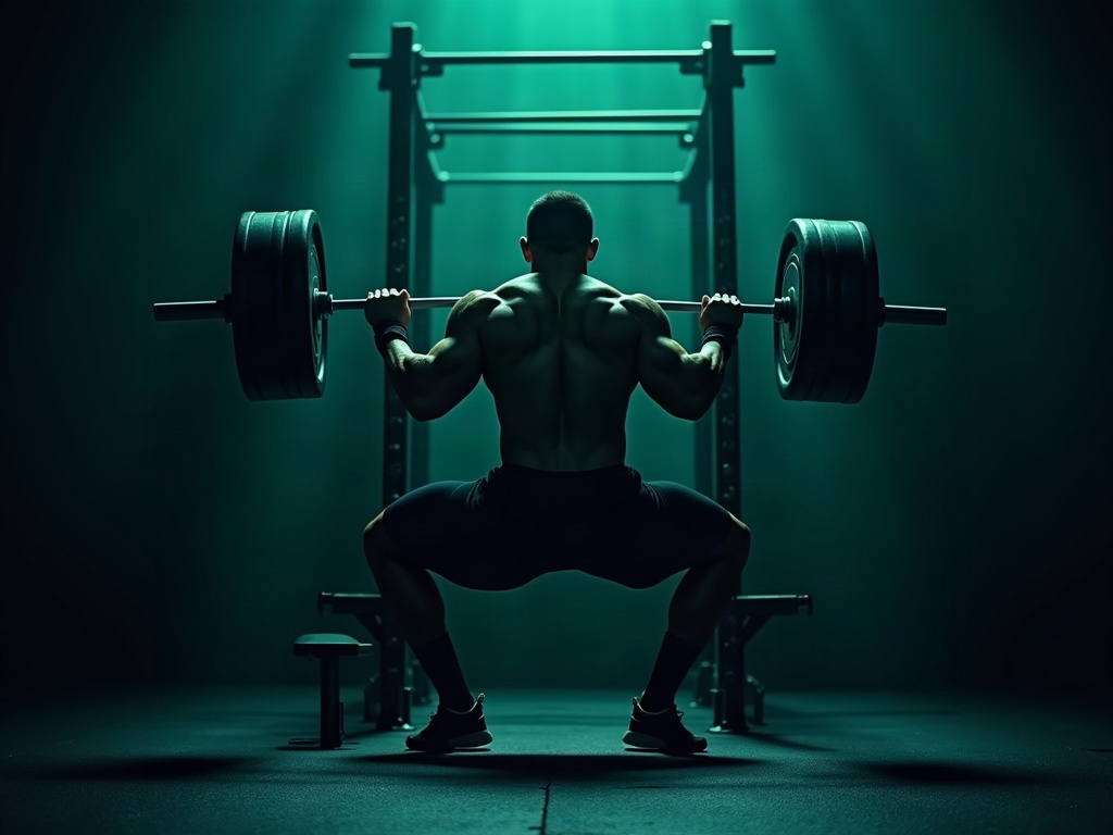 Athlete bracing at a squat rack before a paused set under moody teal and lime lighting