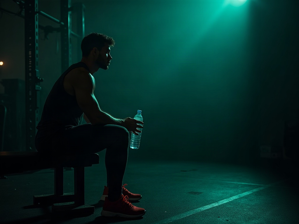 An athlete resting on a bench between sets in moody gym lighting